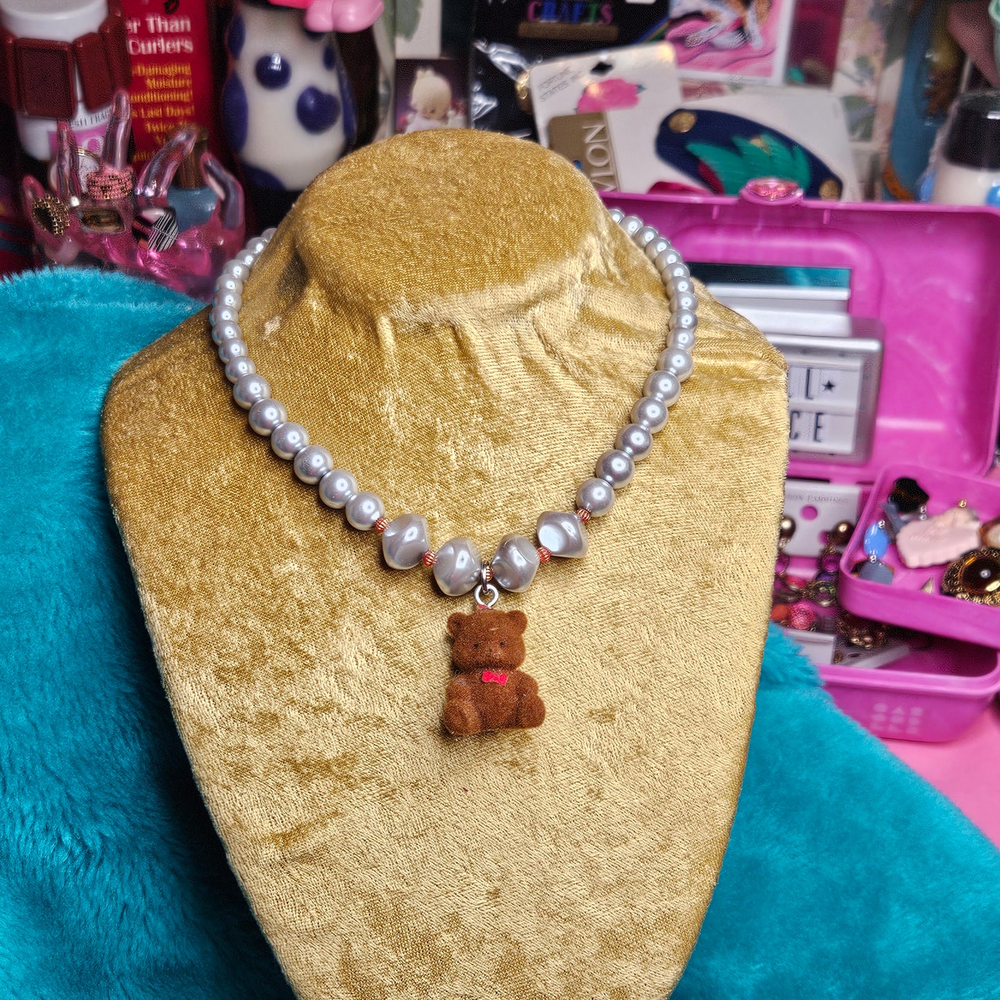 Velvet teddy charm necklace