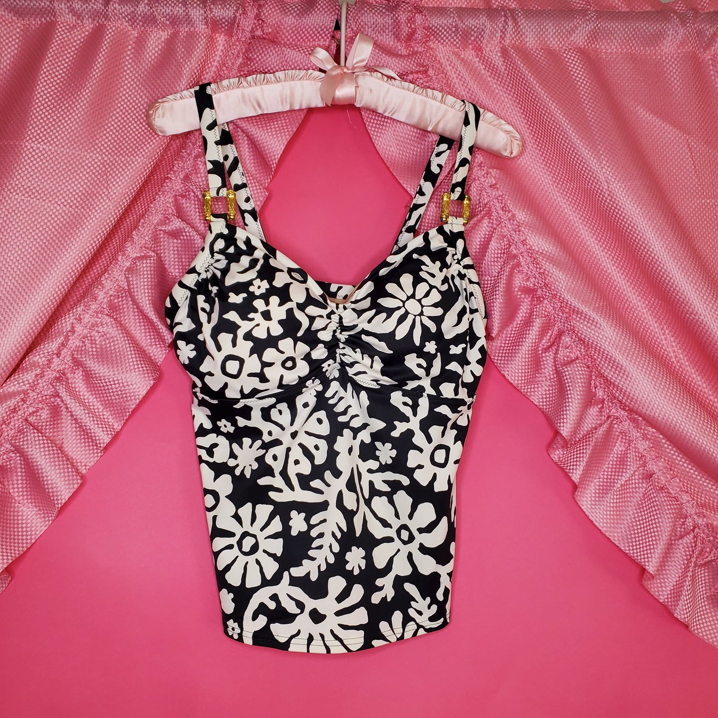 Black & white floral tankini top