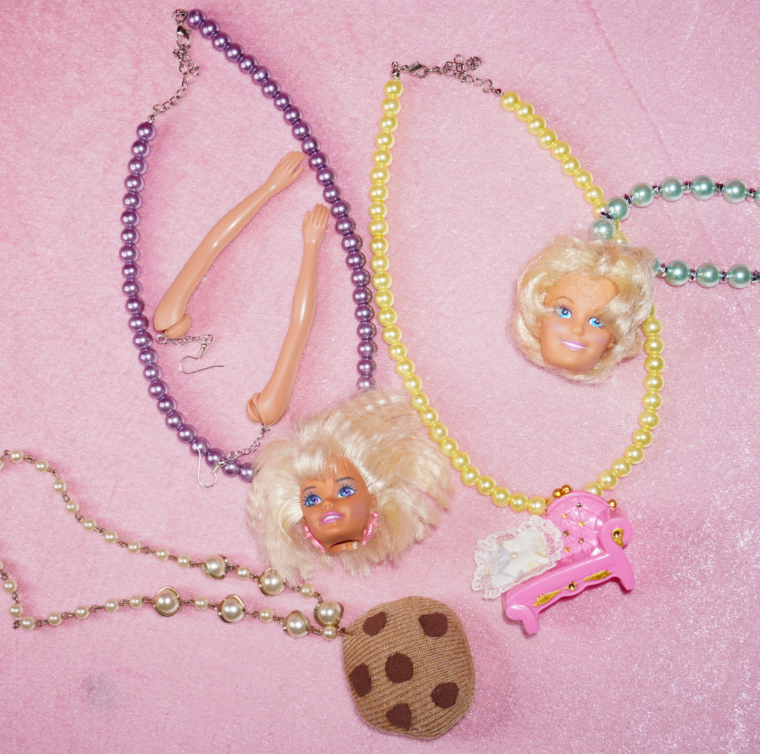 80s hair band barbie head necklace