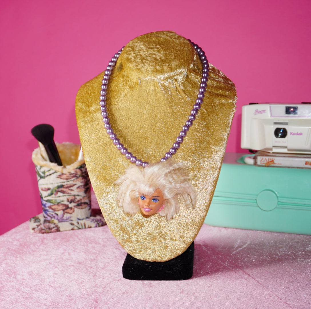 80s hair band barbie head necklace