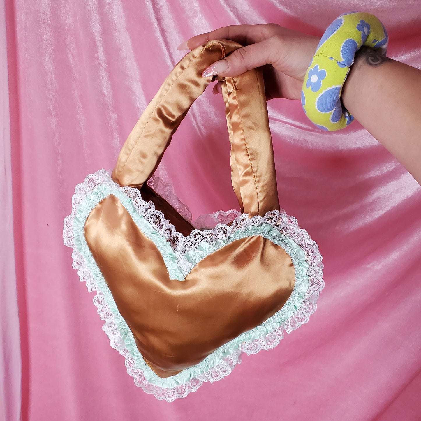 Golden Girl plush heart bag with matching bangle cuffs