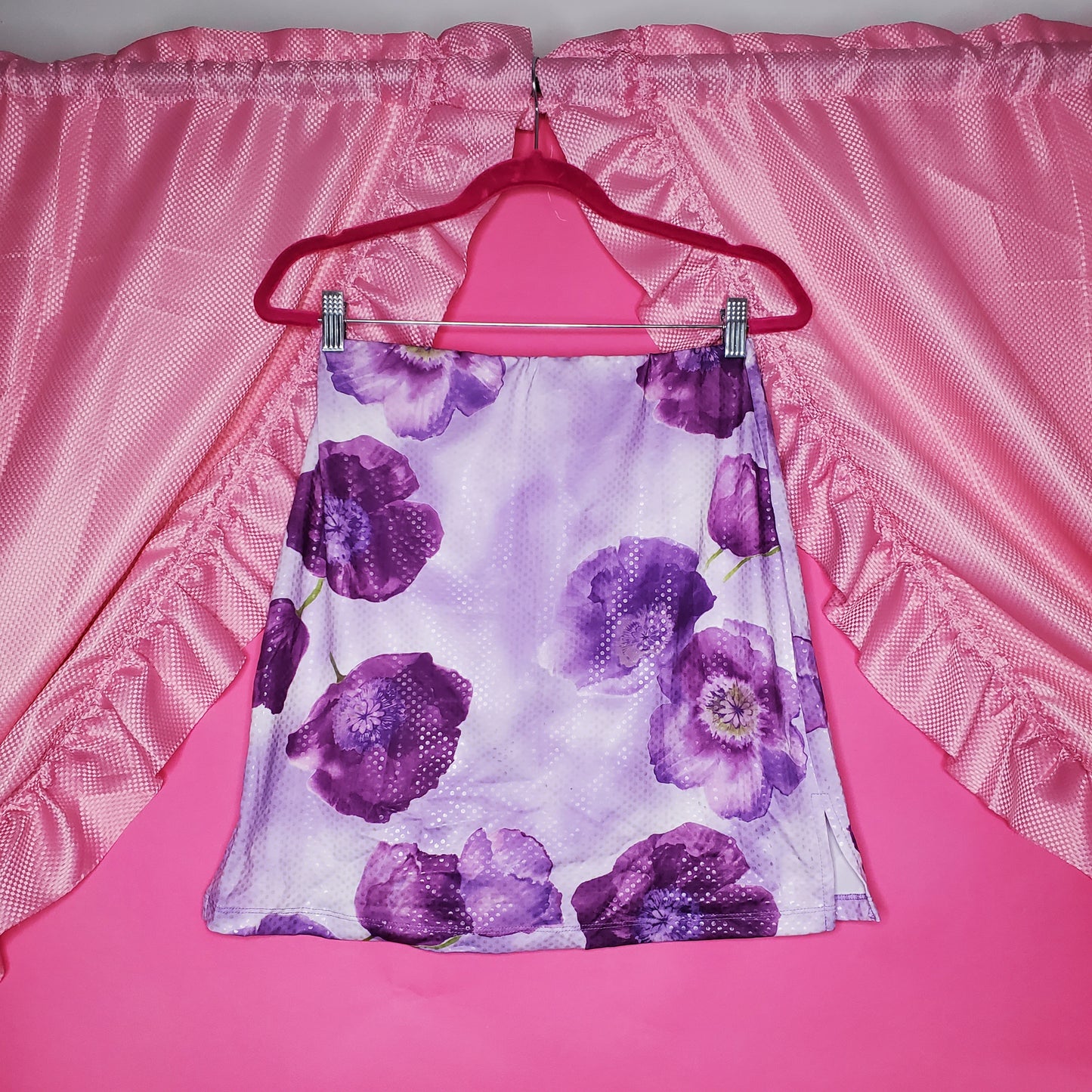 Purple hydrangea print midi skirt