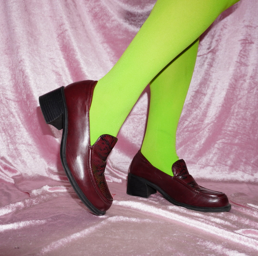 Slither maroon faux snake loafer heels