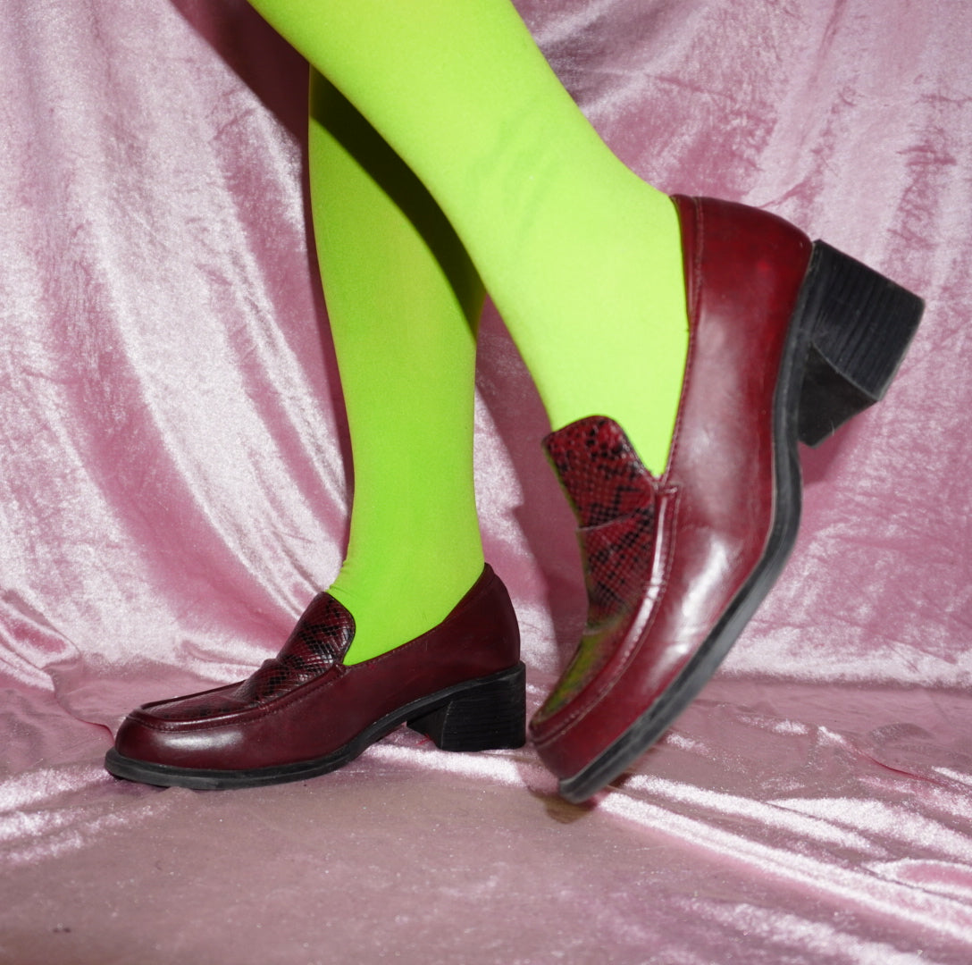 Slither maroon faux snake loafer heels