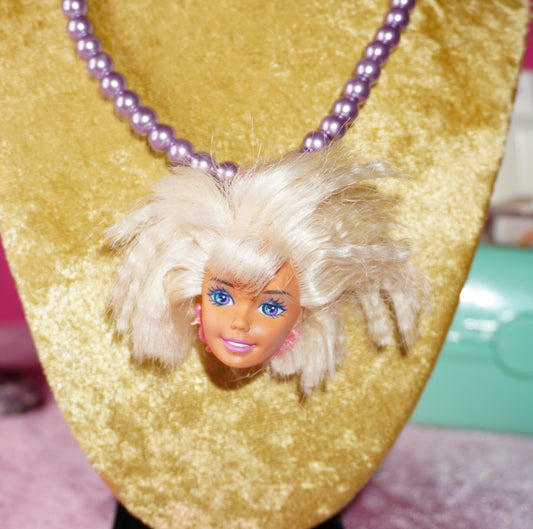 80s hair band barbie head necklace